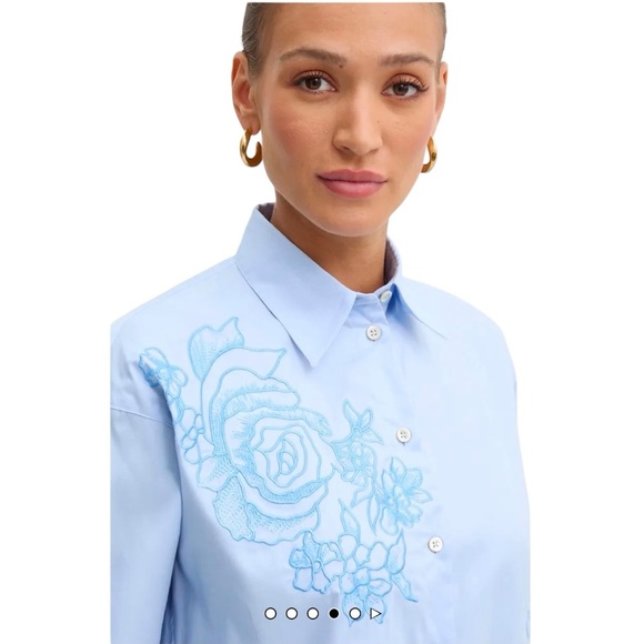 PINKO | Cartolina Embroidered Love Birds Cotton Oxford Shirt in Blue, US 4 - Picture 5 of 13